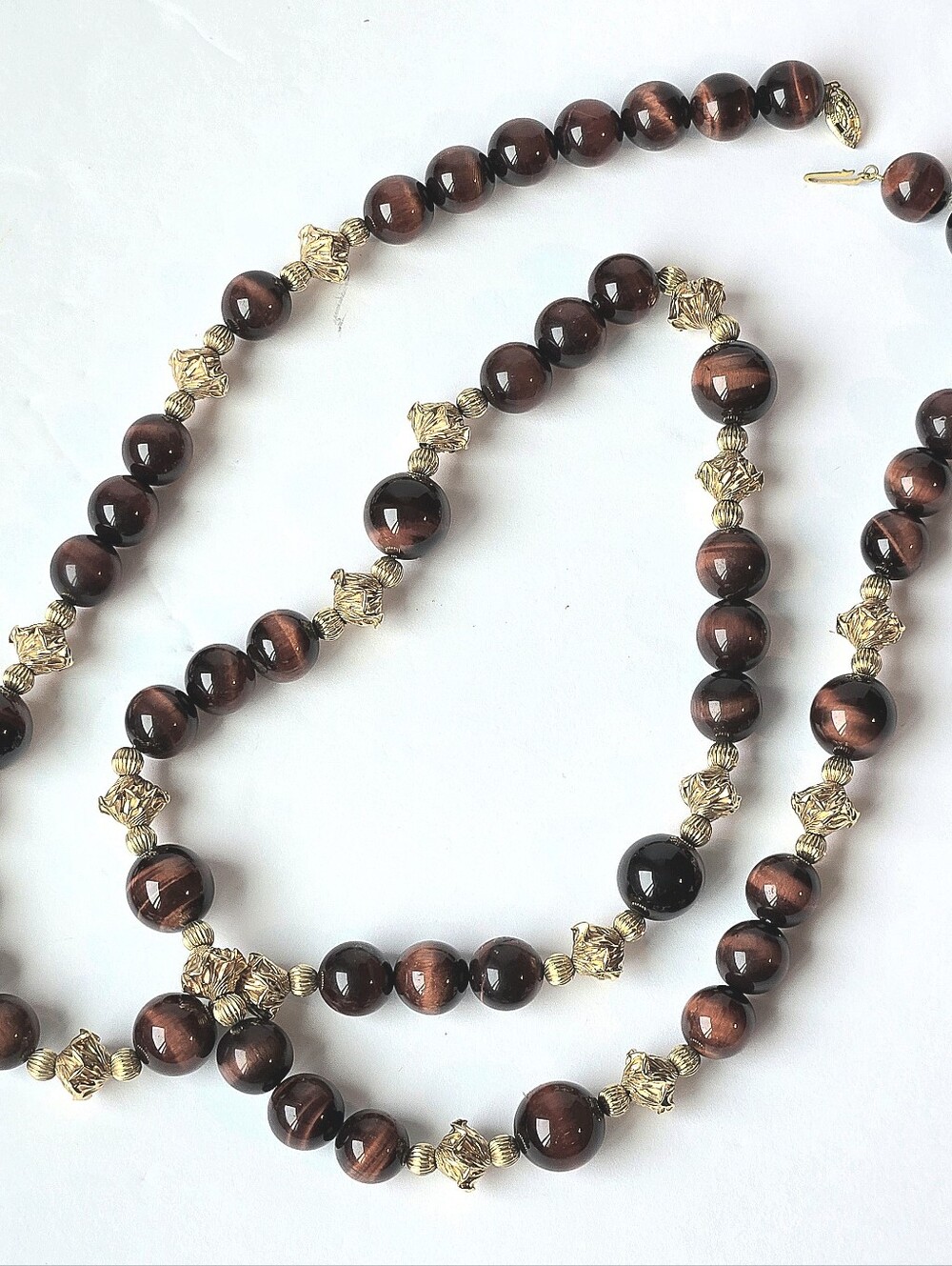 VTG Estate Red Tigers Eye Beaded Strand 12k GF Clasp Necklace Opera Length 36"